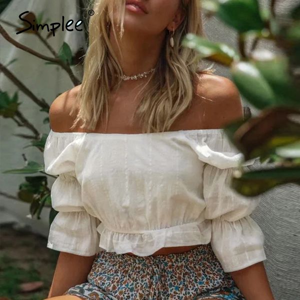 

simplee off shoulder women blouse shirt ruffled elastic high waist female casual streetwear ladies cotton shirt 2020, White