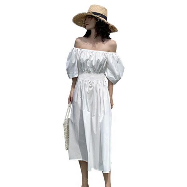

women dress casual ladies holiday elastic waist fairy solid midi a-line fashion short sleeve off shoulder gift summer, Black;gray