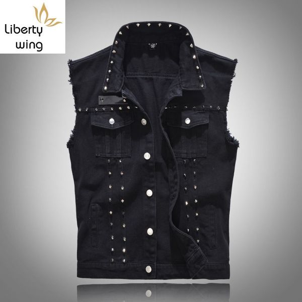 

spring fashion mens casual denim vests cotton punk rivets jean sleeveless biker trucker jacket outwear waistcoat plus size 5xl, Black;white