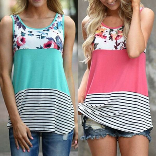 

women floral striped lounge tank vest baggy casual comfort base tunic shirts, White