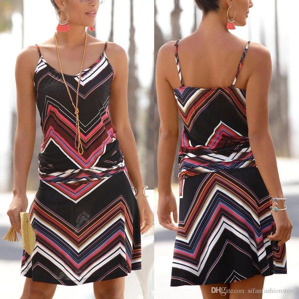 

women casual printed dress sleeveless o-neck beach bodycon mini camis sun dresses dress fashion boho stripe dress, Black;gray
