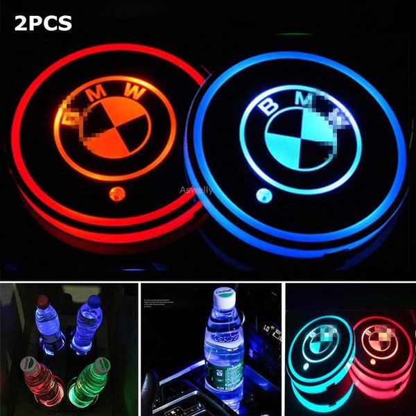 

2pc led car cup holder pad mat for audi bmw mercede benz volk wagen toyota te la jeep chevrolet ford car logo light acce orie
