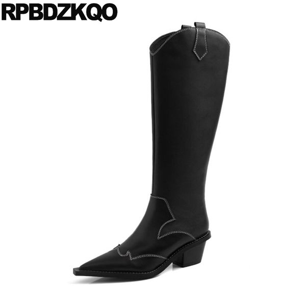 

western boots cowboy cowgirl winter zipper tall fur women knee high black long genuine leather pointed toe chunky fashion shoes