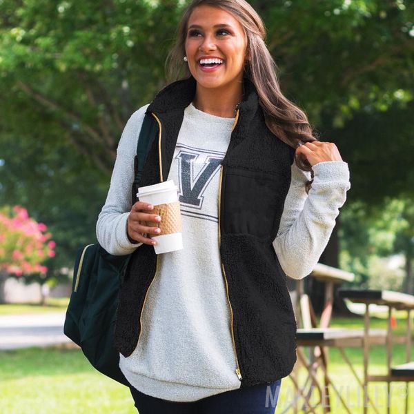 

women's vests est fleece fur zipper jacket outerwear winter warm fluffy coat sweater vest, Black;white