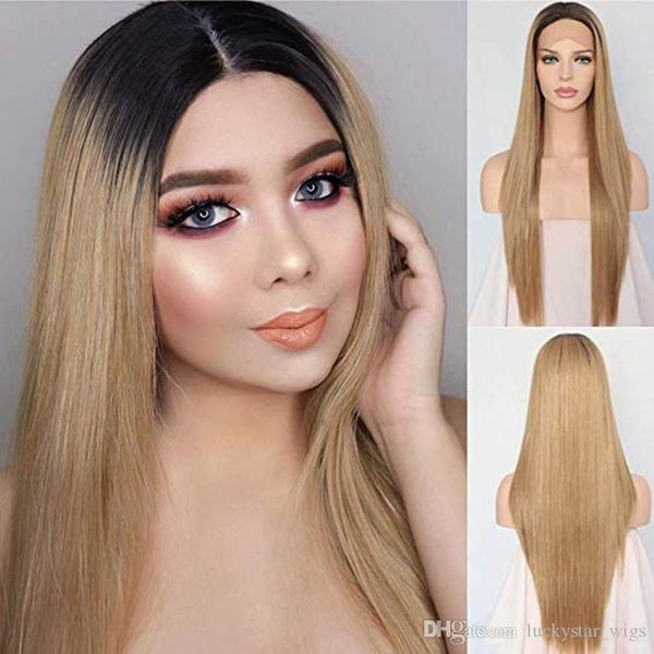 Ombre Hair Dark Roots To Ash Blonde Heat Resistant Natural Hair Long Wigs Straight Synthetic Lace Front Wig For Women Daily Wear 24inch Buy A Wig