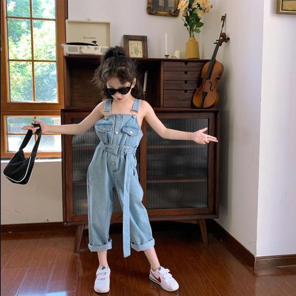 

jumpsuits children denim overalls summer loose belt button girls pants rompers casual ws1664, Blue