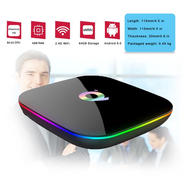 

q plus android tv box quad core 4gb 64gb android 9.0 h6 chip 2.4g wifi smart media player