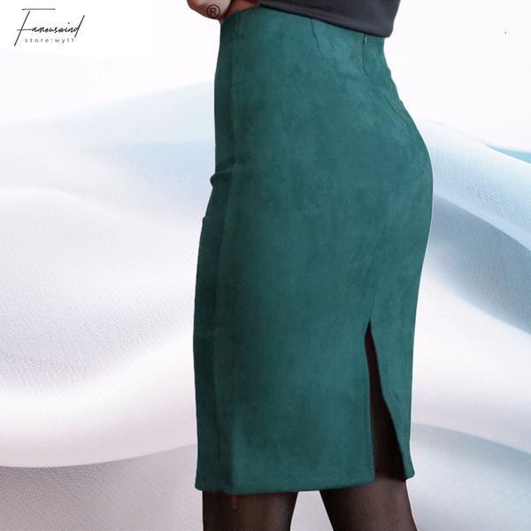 

pencil skirt skirts for women deals super suede solid female spring autumn basic high waist bodycon split knee length skirts, Black