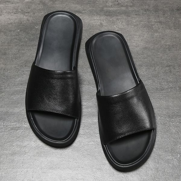 

leather slippers men 's breathable beach shoes black sandals men 's slippers