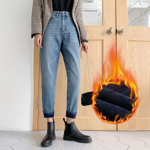 

2019 winter warm fleece jeans woman mom jeans pants boyfriend for women high waist push size ladies denim pants, Blue