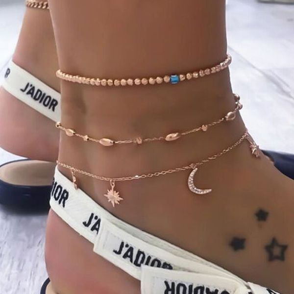 

2 pcs/set bohemia gold color layers foot barefoot anklets female vintage boho beads chain star moon charm anklet sandal jewelry, Red;blue