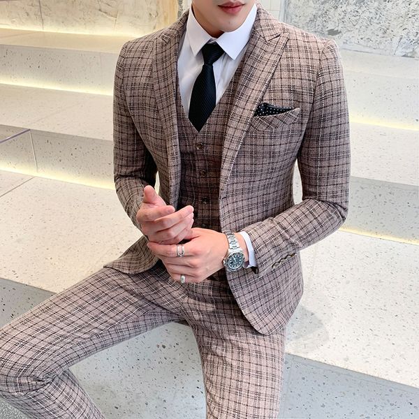 

азиатский размер 2019 замечательный британский стиль тонкий плед печати мода высокого класса высокое качество мужской костюм комплект 2-3 шт, White;black