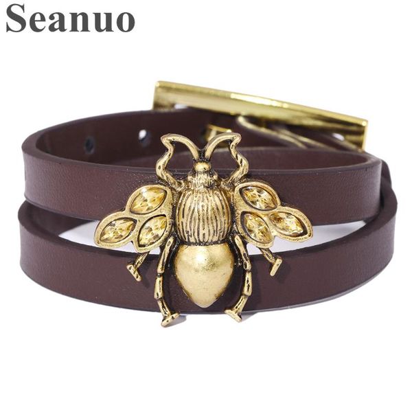 

seanuo 2020 женщина творческого bee шипованная из натуральной кожи браслет дама приграничного pu браслета малого мужчина манжета корейских б, Golden;silver