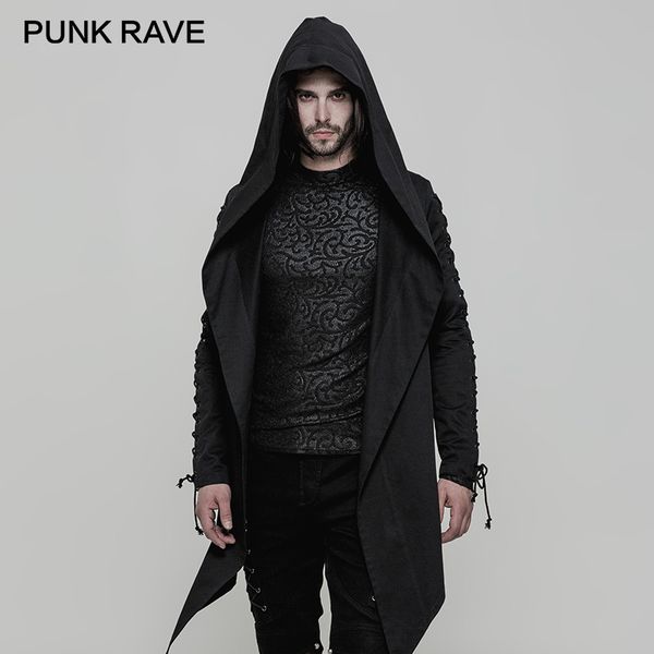 

punk rave punk spring hooded trench cotton inelastic woven loose men coat irregular sharp hem eyelets drawstring sleeve jackets, Tan;black