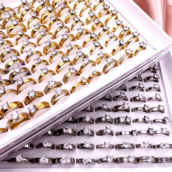 

fashion 30pcs/lot stainless steel crystal zircon ring popular titanium band gold silver mixed style men and women wedding jewelry party gift