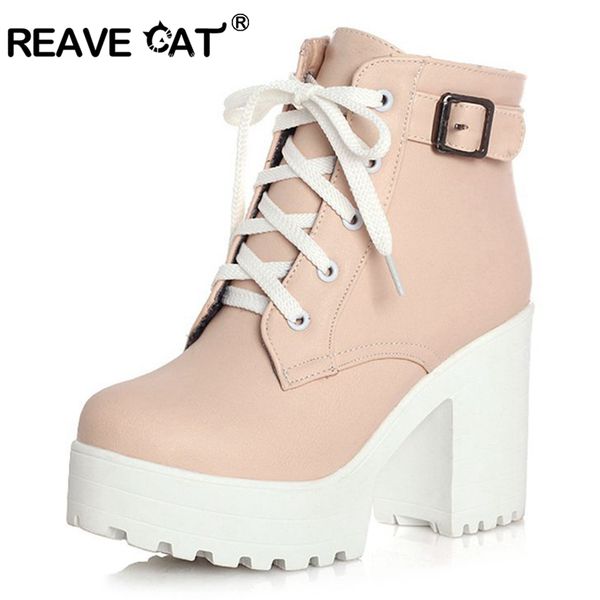

reave cat 3 color winter lace-up women boots fashion platform high square heels black buckle ankle boots plus size 34-43