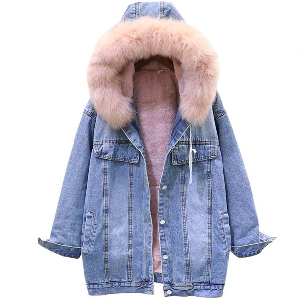 

winter warm fur coat fur collar hooded denim jacket female retro parkas outerwear, Black