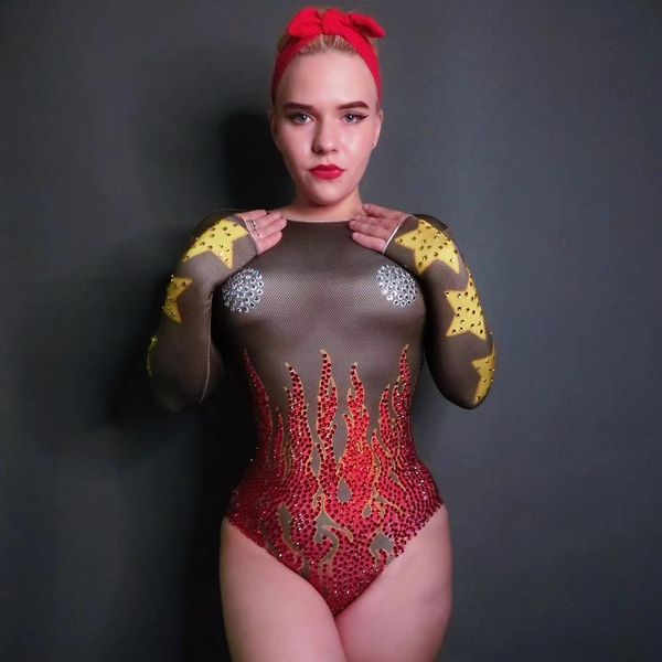 

fashion women nightclub star fire pattern rhinestone slim jumpsuits women shining pole dance costumues ds dance wear, Black;red