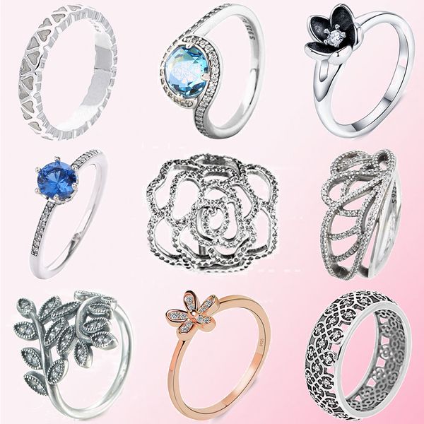 

100% 925 sterling silver butterfly shimmering rose sparkling crown ring leaf daisy flower heart shaped cutout women's ring, Golden;silver