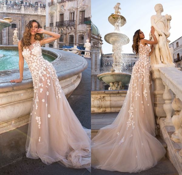 

lussano 2019 wedding dresses jewel lace appliques sleeveless modern bridal gowns sweep train castle mermaid wedding dress robe de mariÃ©e, White