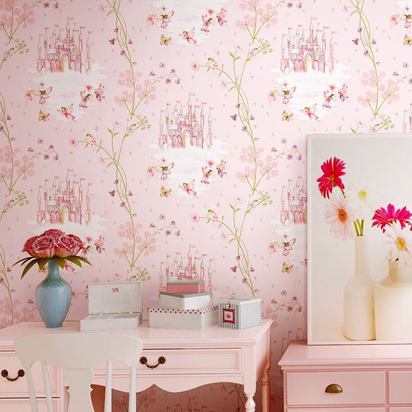 

good quality children's room wallpaper girl non-woven blue pink wall paper cartoon castle bedroom princess room child princess pink