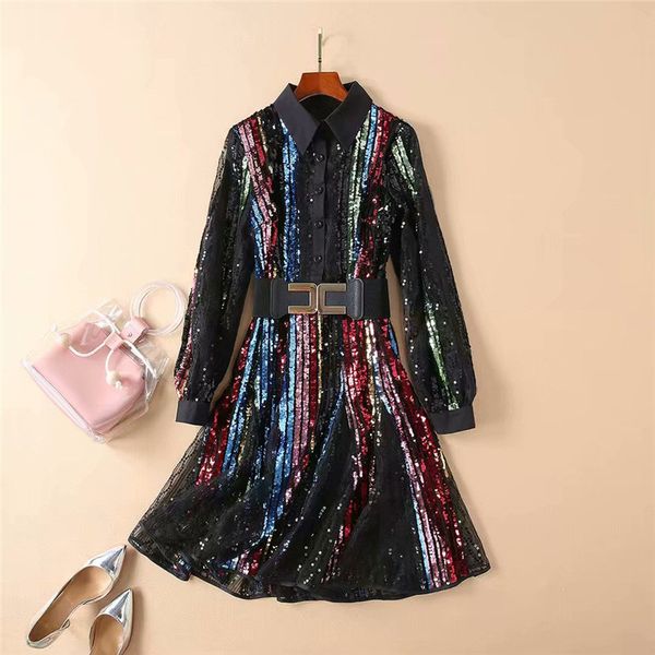 

женщины платья 2019 высокого качества дизайнер runway отложной воротник фонарь рукавом блестками элегантные платья n19.7-2028, Black;gray