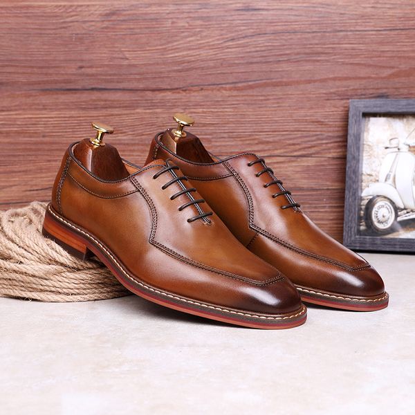 

genuine leather shoes men wedding office dress shoes brown patina handmade lace-up business oxford footwear, Black