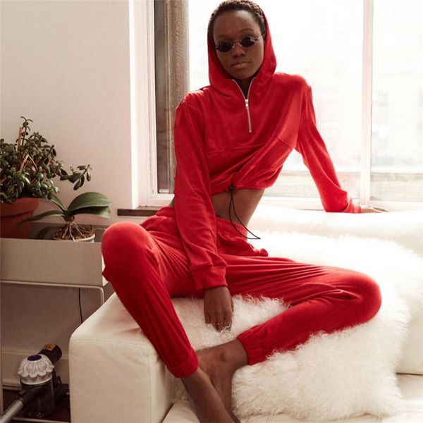 

2018 autumn winter 2 piece set women tracksuit sportswear zipper casual black red sweat pants hooded cropped sweatshirt hoodies, Gray