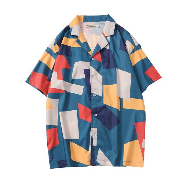 

hip hop shirt streetwear mens hawaiian shirt color block geometric harajuku summer beach shirt hawaii thin short sleeve new gunn, White;black