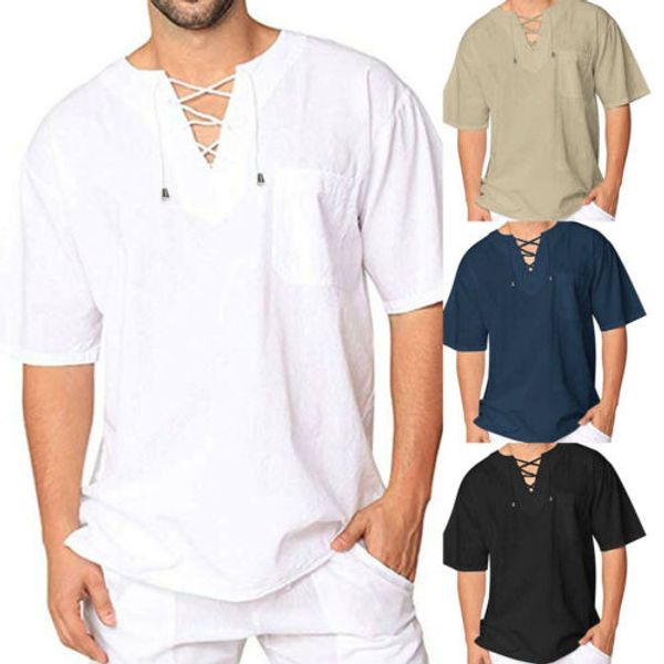 

mens linen cotton blouse baggy kaftan t-shirt casual loose shirts, White;black