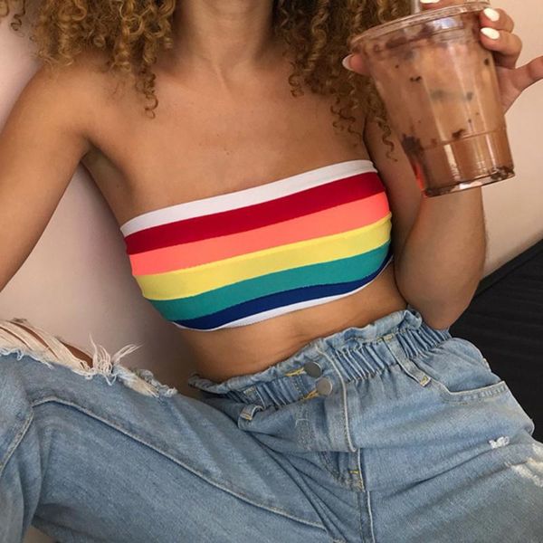 

heliar summer crop off shoulder rainbow women's clothing lady woman sleeveless striped beach tank #w, White