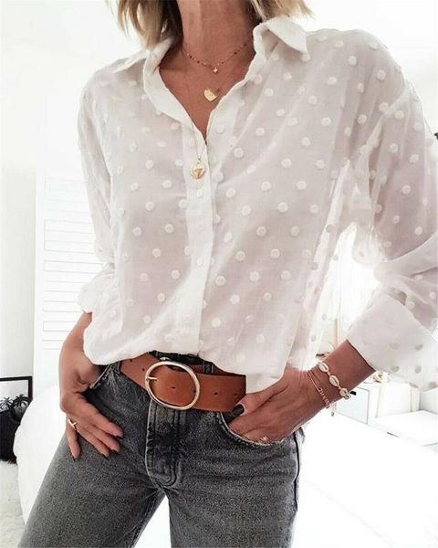 

2020 fashion women blouse elegant long sleeve white shirt ladies polka dot sheer female streetwear plus size