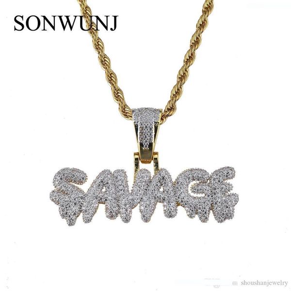 

hip hop savage letter pendant copper micro pave with cz stones necklace 24inch rope chain cn040, Silver