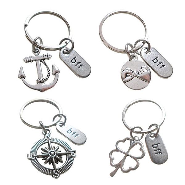 

ancient silver anchor clover compass bff letter tag charm keychain fashion creative designer keyring couple jewelry gifts, Slivery;golden