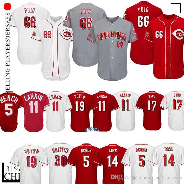 

66 Yasiel Puig Baseball Jersey 5 Johnny Bench 11 Barry Larkin 19 Joey Votto 14 Pete Rose 17 Chris Sabo 30 Ken Griffey Jr Jerseys