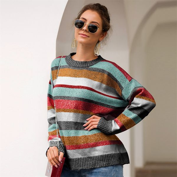 

2019 new women sweater pullover plus size knitted patchwork stripe long sleeve o-neck sueter mujer invierno winter clothes, White;black