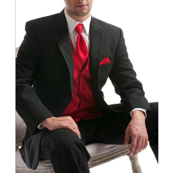 

black wedding groomsmen tuxedos classic red vest peaked lapel custom made evening party men suits (jacket + vest + pants, Black;gray