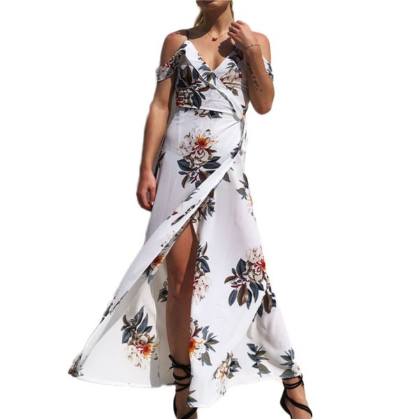 

2020 printed off-shoulder beach seaside holiday irregular split chiffon dresses, Blue;gray