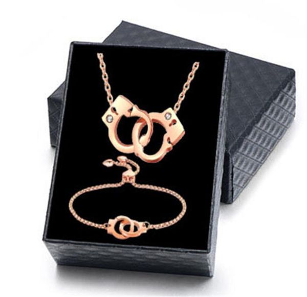 

stainless steel creative handcuffs pendant bracelet jewelry set titanium steel inlaid rhinestone handcuffs necklace set not fade, Silver