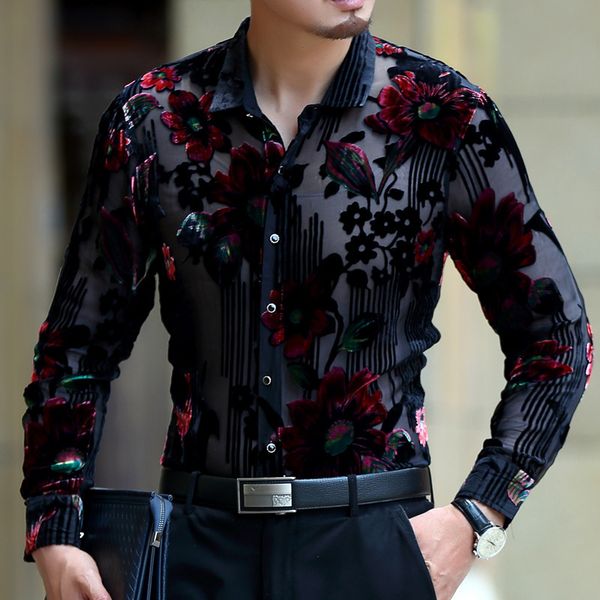 

роскошный мужчины lace shirt клуб пром sexy прозрачной мужские рубашки cs frolal печать свадьба брак сорочка homme 4xl lace, White;black