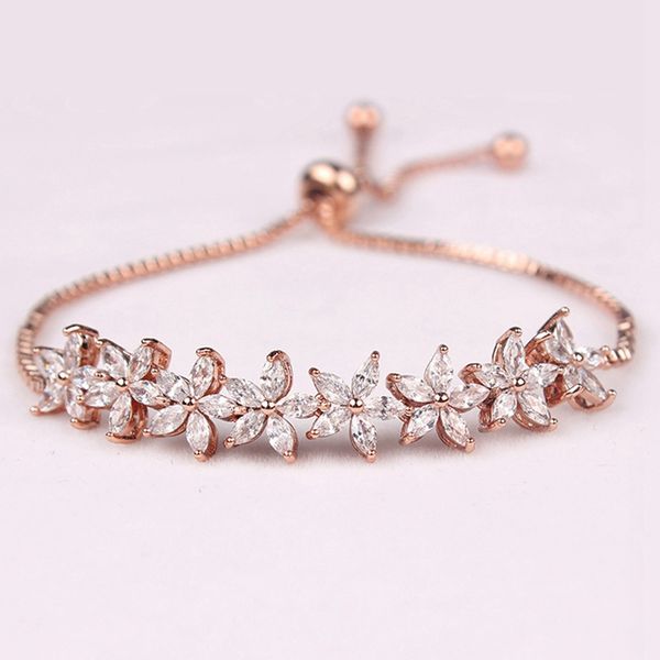 

luxury sparkling cubic zirconia crystal flower design pull-string wedding bracelets for women wedding gift adjustable, Black