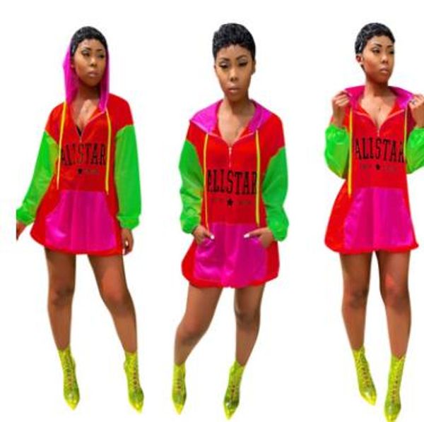 

women fashion casual dress colors patchwork hooded zipper candy color dress pockets zipper loose, Black;gray