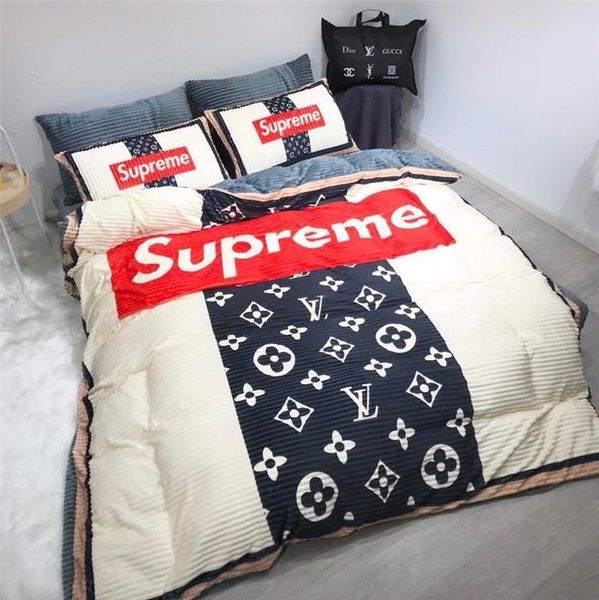 

luxury bedding sets 4pcs corduroy comfortable warm home bedding geometric pattern letter digital printing beddingsuit pillowcase 2 sizes