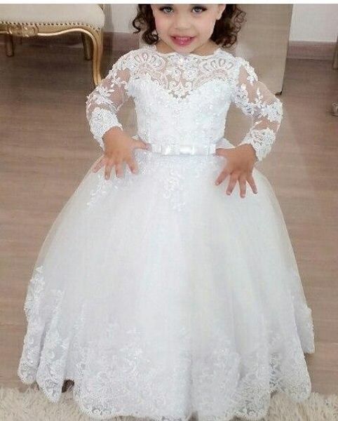 

cute white long sleeve holy communion gowns lace bateau neck bow belt flower girls dresses christmas party gowns