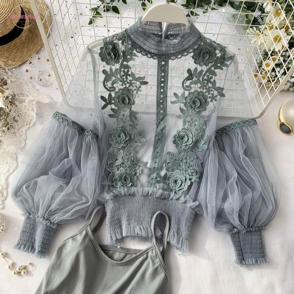 

2020 autumn women fashion sheer lace blouse lantern sleeve 3d floral long sleeve blouses shirts elegant blusas femininas, White