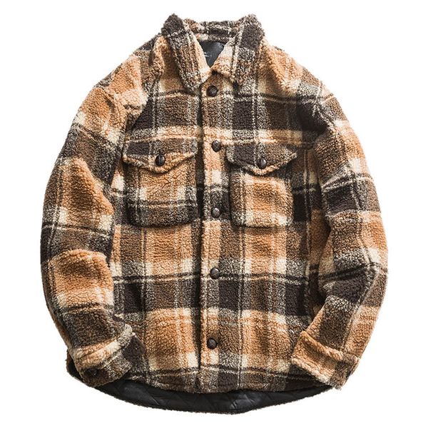 

men's jackets new fashion winter plush plaid casual pocket long sleeve jacket turn down collar single breasted outwear coat, Black