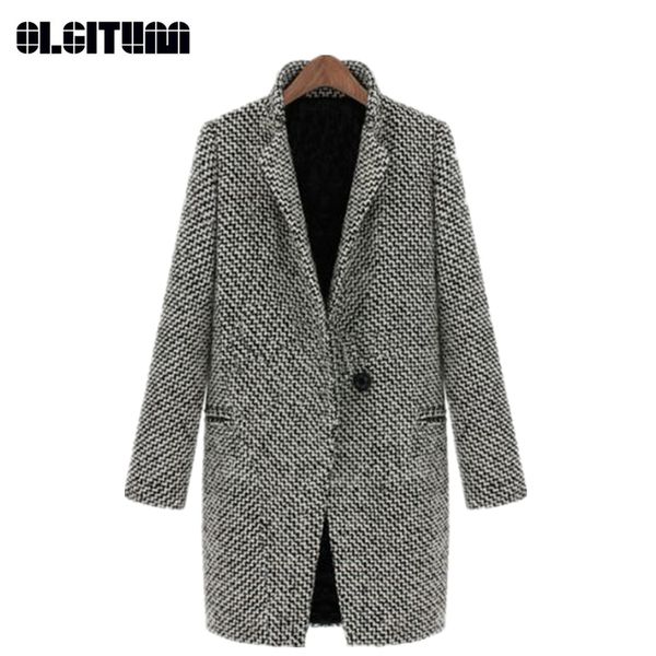 

new 2020 winter and autumn large size turn-down collar long loose houndstooth woolen blazer women thickening woolen coat, Black