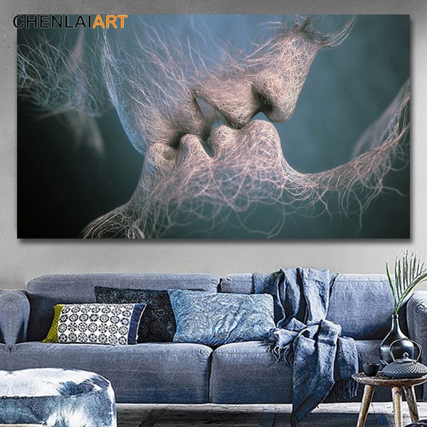 

3colors black blue yellow modern abstract love kiss canvas painting poster and prints pictures for living room wall art no frame