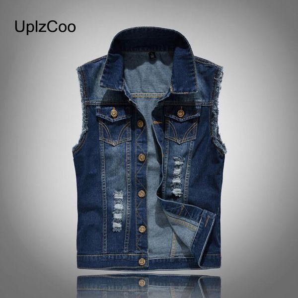 

uplzcoo new men denim vest spring thin casual sleeveless men's cowboy ripped jacket slim fashion hole men vest jacket 6xl fm137, Black;white