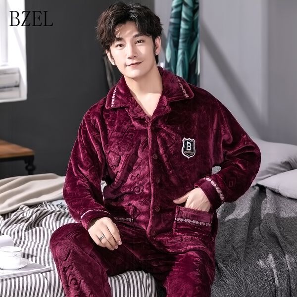 

men's sleepwear bzel winter men pajama sets coral caroset thick solid suits flannel long sleeve autumn man warm homewear, Black;brown